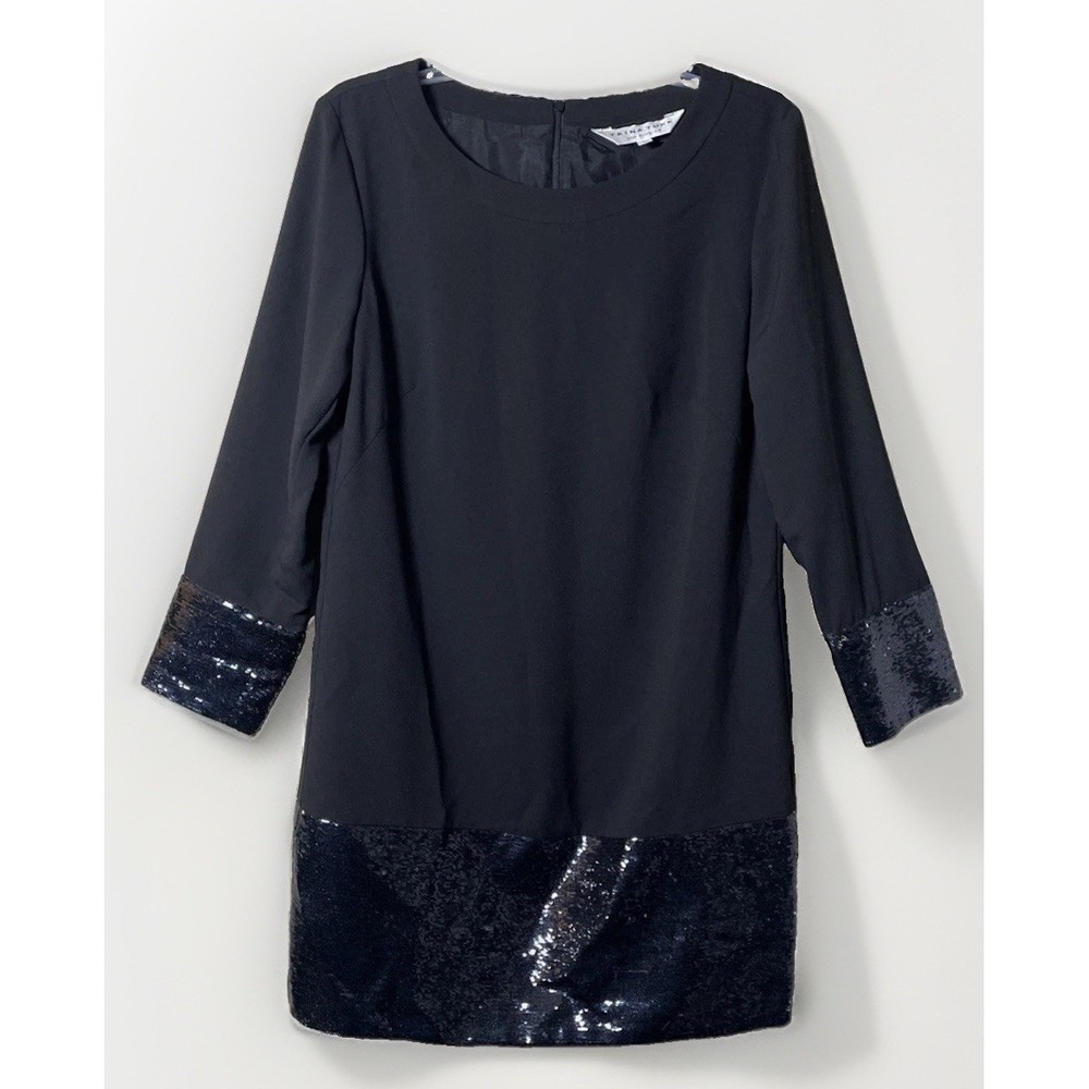 Trina Turk Sequin Shift Dress Sz 10 Black Navy Long Sleeve Silk Lined Cocktail
